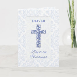 Boy Baptisse Blessings Blue Cross Damask Wirbel Karte
