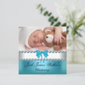 Boy Baptisse Christening Boy White Blue Bow Foto Einladung (Stehend Vorderseite)