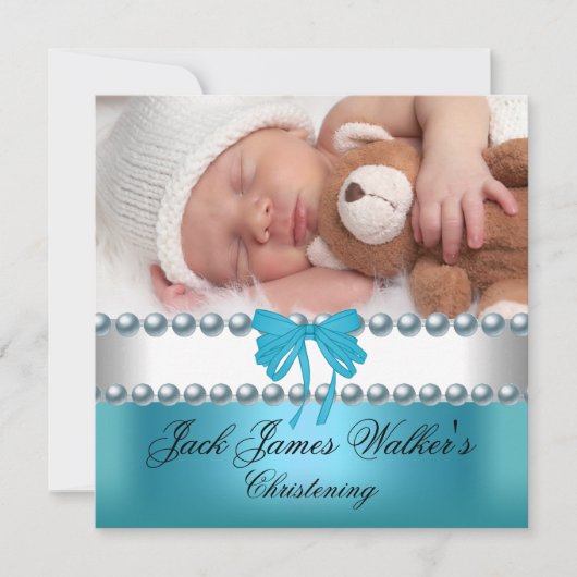 Boy Baptisse Christening Boy White Blue Bow Foto Einladung (Vorderseite)