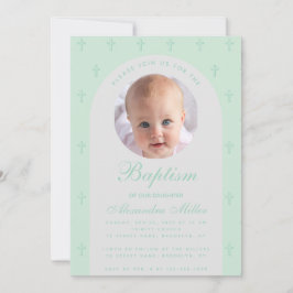 Boy Baptisse Foto Moderne Bogenminze Grüne Schrift Einladung