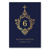 Boy Baptisse Navy Blue Imitats Gold Cross auf Wapp Tischnummer (Vorderseite)