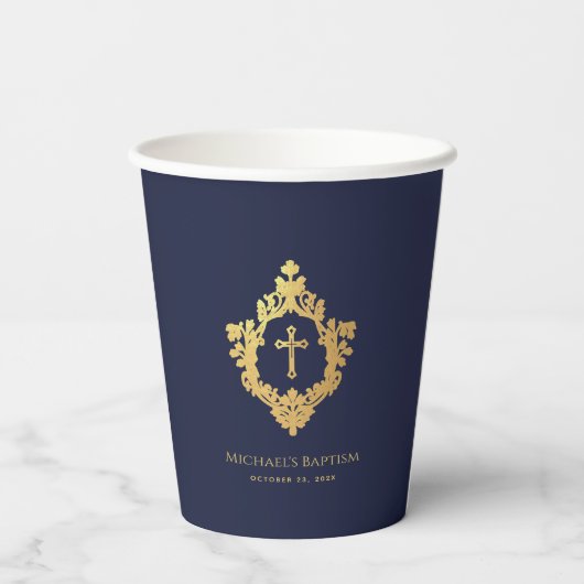 Boy Baptisse Navy Blue Imitats Gold Foil Wappen Vi Pappbecher (Rückseite)