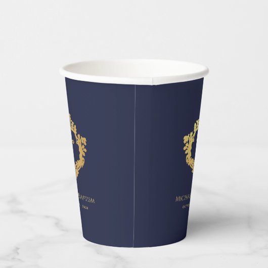 Boy Baptisse Navy Blue Imitats Gold Foil Wappen Vi Pappbecher (Rechts)