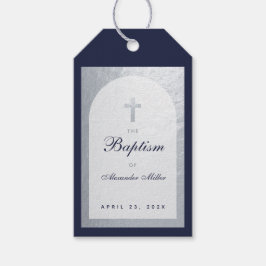Boy Baptisse Navy Blue Script Imitate Silver Arch Geschenkanhänger