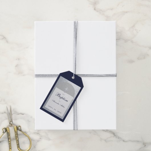 Boy Baptisse Navy Blue Script Imitate Silver Arch Geschenkanhänger (Mit Garn)