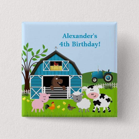 Boy Barnyard Farm Animals Geburtstag Schaltfläche Button (Vorderseite)