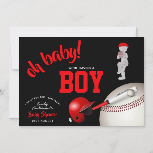 BOY Baseball Baby Shower Red Black Einladungen (Vorderseite)