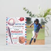Boy Baseball Birthday Foto Einladung (Stehend Vorderseite)