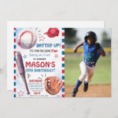 Boy Baseball Birthday Foto Einladung (Vorne/Hinten)