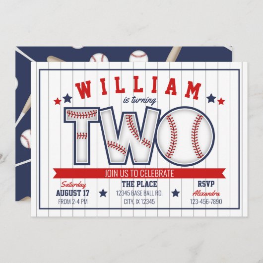 Boy Baseball zum zweiten Geburtstag Einladung (Vorne/Hinten)