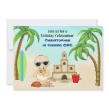 Boy Beach Baby Sandcastle in Surfboard 1. Geburtst