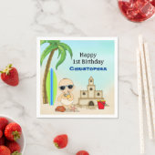 Boy Beach Baby Sandcastle in Surfboard 1. Geburtst Serviette (Beispiel)