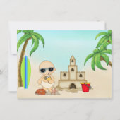 Boy Beach Baby Sandcastle in Surfboard Babydusche Dankeskarte (Rückseite)