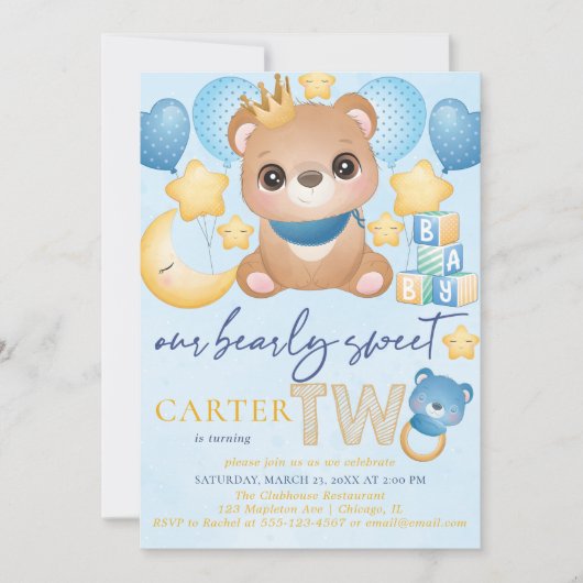 Boy Bear Blue 2 Geburtstag Einladung (Vorderseite)