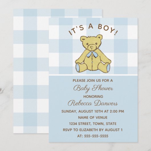 Boy Bear Blue Baby Dusche Einladung (Vorne/Hinten)