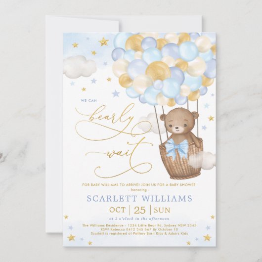Boy Bear Hot Air Ballon Blue Gold Sky Baby Dusche Einladung (Vorderseite)