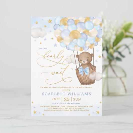 Boy Bear Hot Air Ballon Blue Gold Sky Baby Dusche Einladung (Stehend Vorderseite)