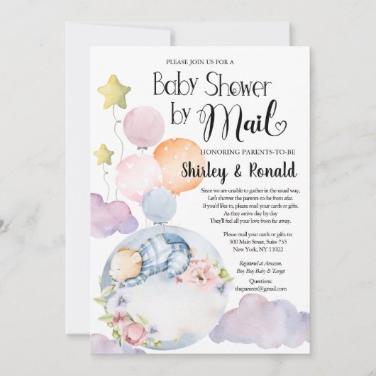 Boy Bear Pink Floral Balloons Babydusche von Mail Einladung (Vorderseite)