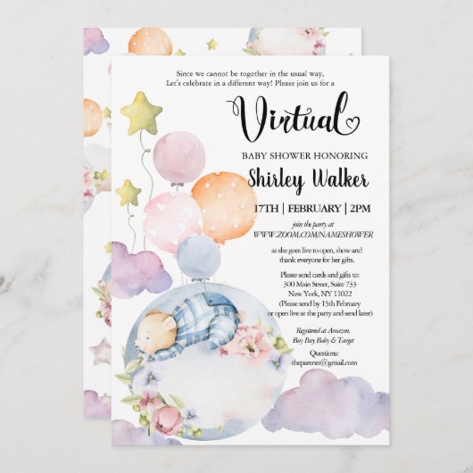 Boy Bear Pink Floral Balloons Virtual Baby Dusche Einladung (Vorne/Hinten)