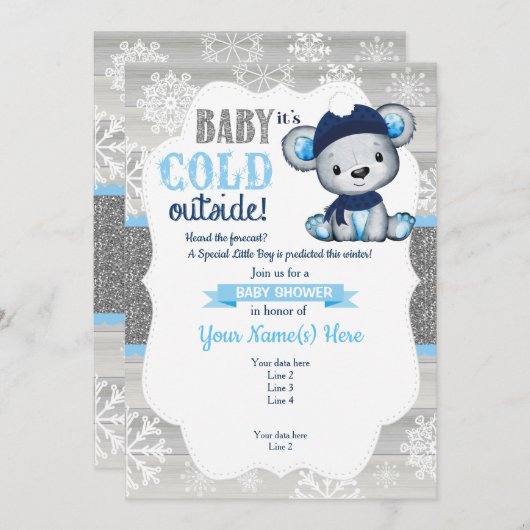 Boy Bear Winter Einladung für Boy Baby Shower (Vorne/Hinten)