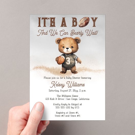 Boy Bearly Wait American Football Baby Dusche Acryleinladungen (Insitu (Handheld))