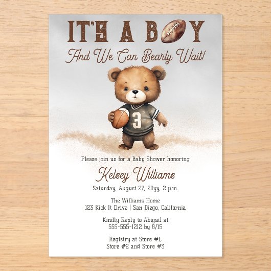 Boy Bearly Wait American Football Baby Dusche Acryleinladungen (Vorderseite)