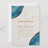 Boy-Bestätigung Blue Geode Agate Gold Cross Einladung (Vorderseite)