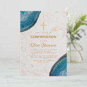 Boy-Bestätigung Blue Geode Agate Gold Cross Einladung (Stehend Vorderseite)