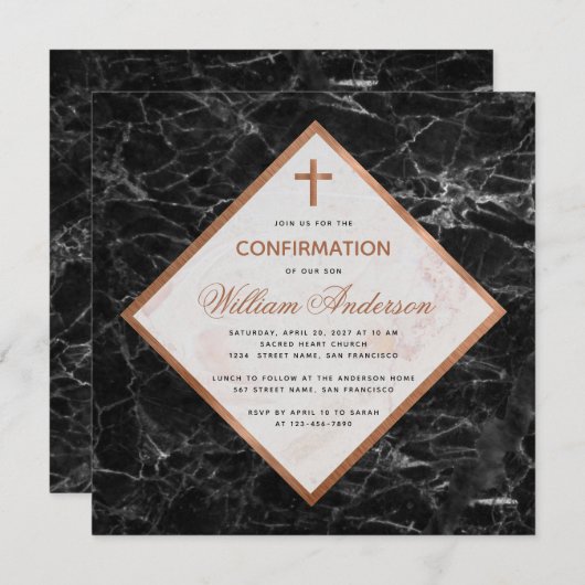 Boy-Bestätigung White Black Marble Copper Script Einladung (Vorne/Hinten)