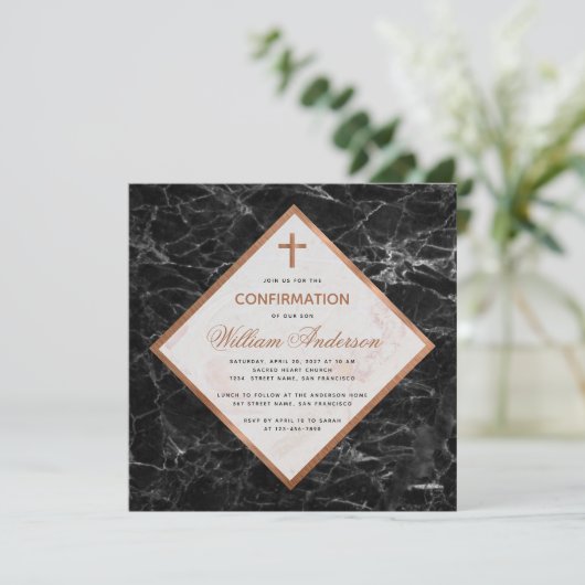 Boy-Bestätigung White Black Marble Copper Script Einladung (Stehend Vorderseite)