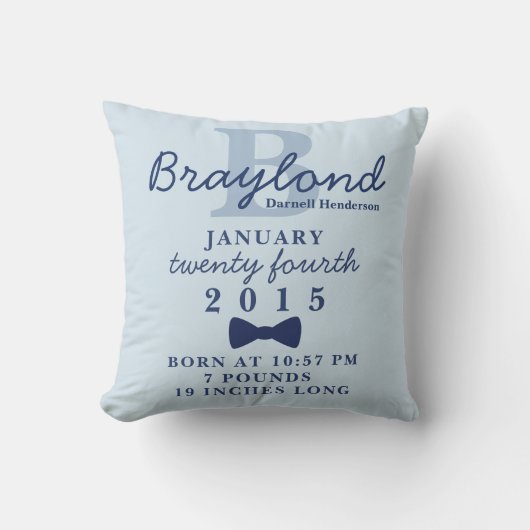 Boy Birth Stats Pillow - Blue Bow Krawatte Kissen (Vorderseite)