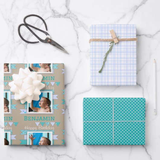 Boy Birthday Aqua und Blue Scrapbook Geschenkpapier Set (Vorderseite)