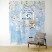 Boy Birthday Blue Flowers Teddy Bären Hintergrund Wandteppich (Beispiel)