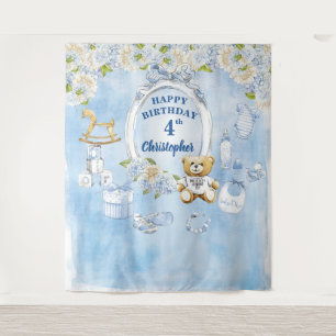 Boy Birthday Blue Flowers Teddy Bären Hintergrund Wandteppich
