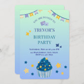 Boy Birthday Party Blue Green Gradient Einladung (Vorne/Hinten)