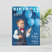 Boy Birthday Party Magazine Cover Einladung (Stehend Vorderseite)