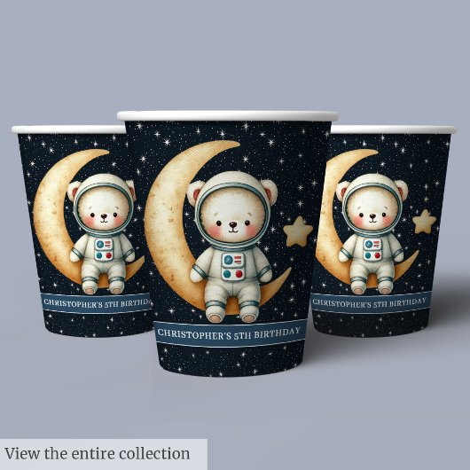 Boy Birthday Space Party Cups Teddy Bear Astronaut Pappbecher