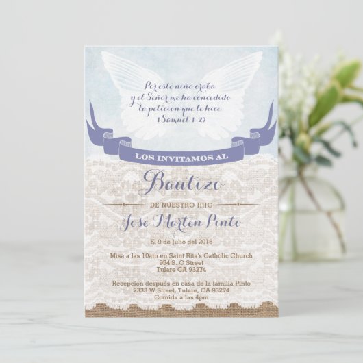 Boy Blue Angel Taufe Einladung in Spanisch (Stehend Vorderseite)