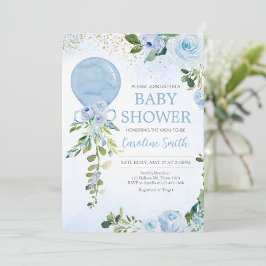 Boy Blue Balloon Greenery Baby Shower Einladung (Stehend Vorderseite)