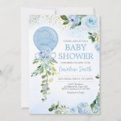 Boy Blue Balloon Greenery Baby Shower Einladung (Vorderseite)