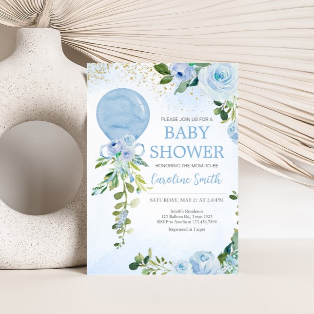 Boy Blue Balloon Greenery Baby Shower Einladung