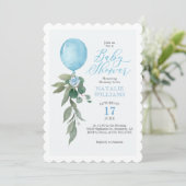 Boy Blue Balloon Greenery Baby Shower Einladung (Stehend Vorderseite)