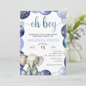 Boy Blue Balloon Niedlich Elephant Baby Dusche ein Einladung (Stehend Vorderseite)