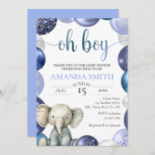 Boy Blue Balloon Niedlich Elephant Baby Dusche ein Einladung (Vorne/Hinten)