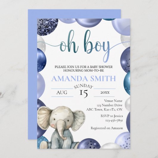 Boy Blue Balloon Niedlich Elephant Baby Dusche ein Einladung (Vorne/Hinten)