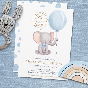 Boy Blue Balloon Niedlich Elephant Baby Showeinlag Einladung
