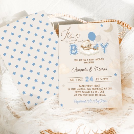Boy Blue Bear Baby Dusche Einladung