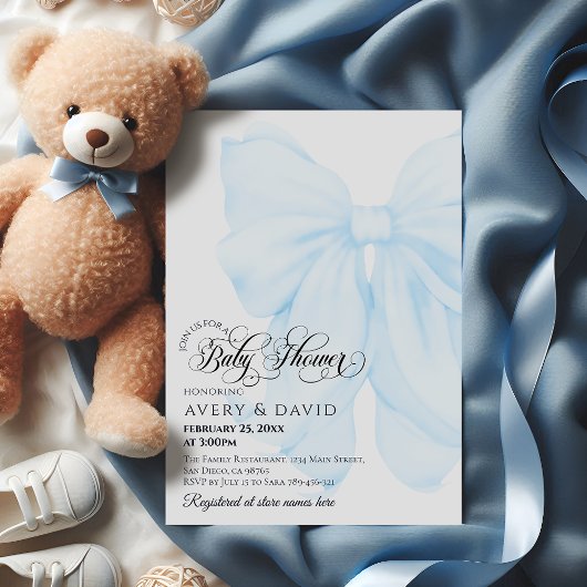 Boy Blue Bow Modern Elegant Baby Shower Einladung