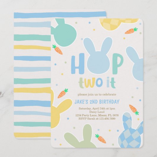 Boy Blue Bunny 2. Geburtstag Einladung (Vorne/Hinten)