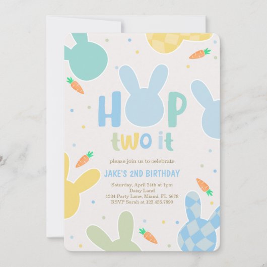 Boy Blue Bunny 2. Geburtstag Einladung (Vorderseite)